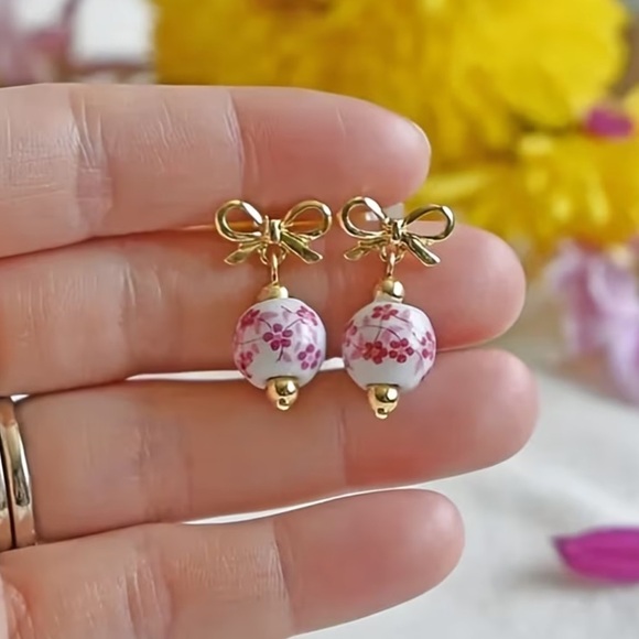 NEW Cute Gold and Pink Bow Cherry Blossom Ceramic Bead Earrings 🌸 main image 1